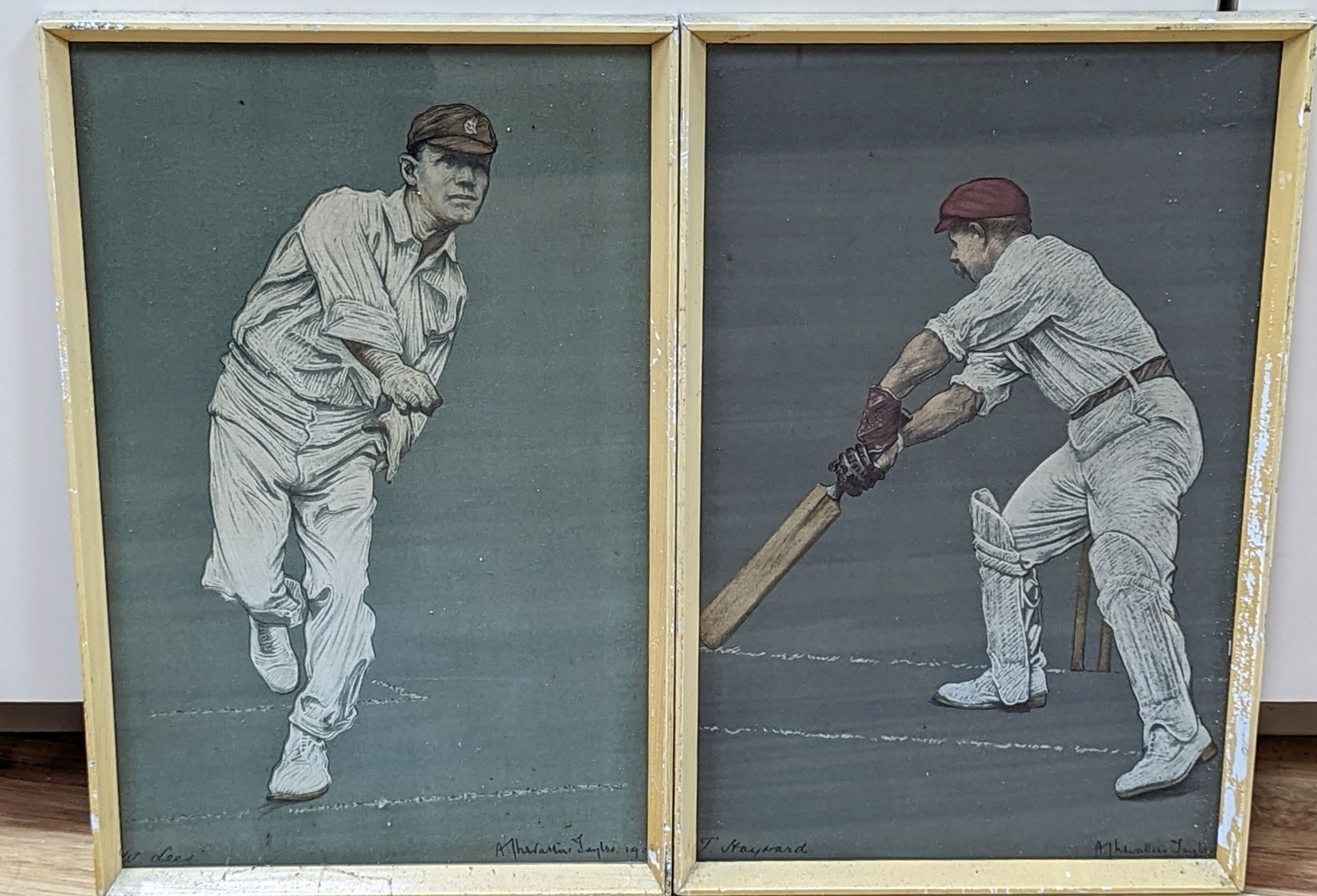 Albert Chevalier Tayler (1862-1925), pair of chromolithgraphs, The Cricketers: T. Hayward and W. Lees, signed in the plate, 34 x 22cm